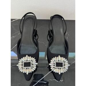 Zara Black Rhinestone Buckle Pointed Toe Slingback Kitten Heel